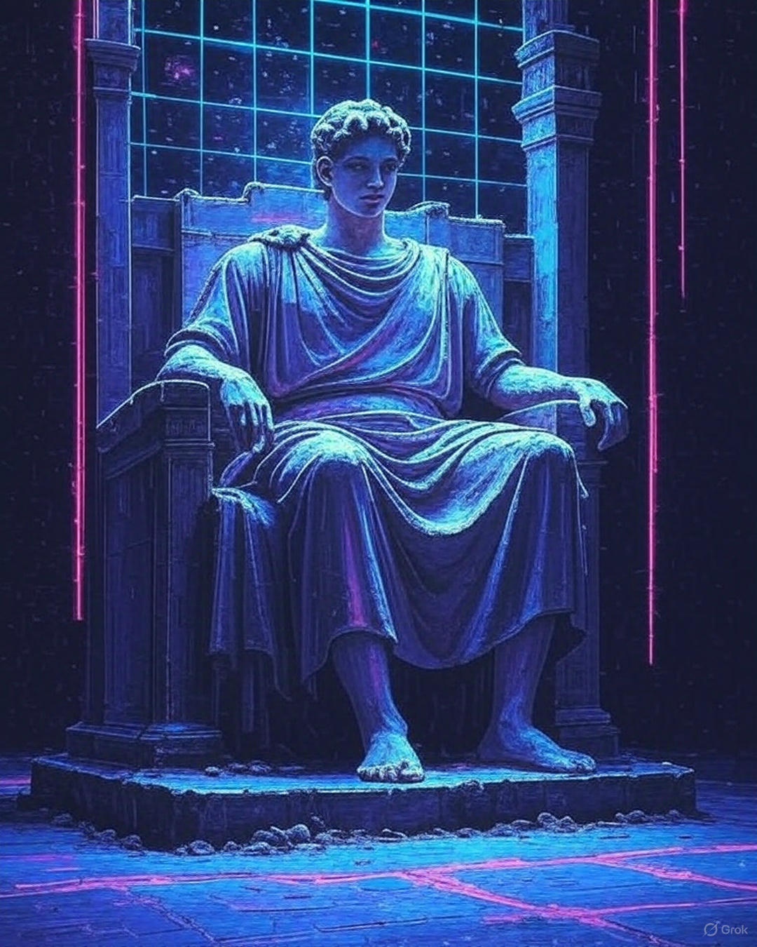 A seated classical statue on a stone throne, lit in electric blue, framed by pink neon lines and a glowing grid.